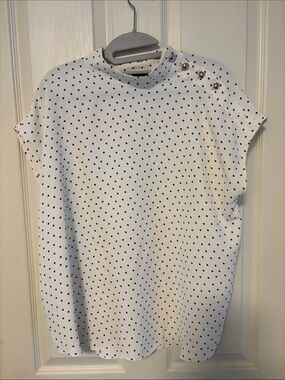 Ann Taylor White Top with Black Polka Dots and Shoulder Buttons
